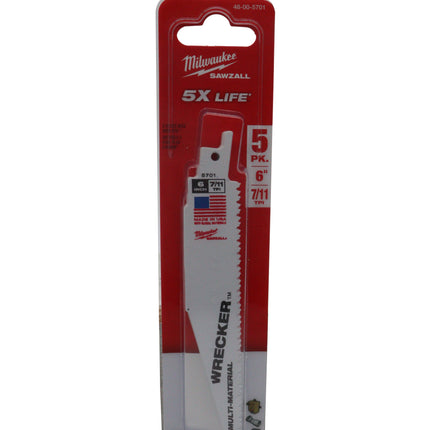 Milwaukee - The Wrecker Multi-Material Sawzall Reciprocating Saw Blades (6″, 7/11 TPI) 5-Pack – Heavy-Duty Bi-Metal Demolition Blade Set for Wood with Nails, PVC, Plastics & Metals