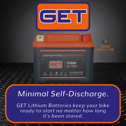 GET High Performance Lithium Motorcycle Battery, 12.8V 2.5Ah, 175 A CCA, Lightweight Powersports Battery for Dirt Bikes, Enduro & Motocross, IP54 Water Resistant (GK-ATHBL-0003)