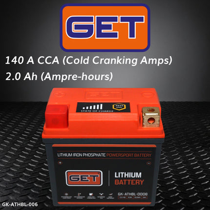 GET High Performance Lithium Motorcycle Battery, 12.8V 2Ah, 140 A CCA, Lightweight Powersports Battery for Dirt Bikes, Enduro & Motocross, IP54 Water Resistant (GK-ATHBL-0006 )