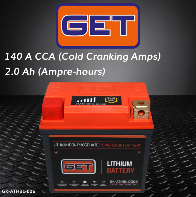 GET High Performance Lithium Motorcycle Battery, 12.8V 2Ah, 140 A CCA, Lightweight Powersports Battery for Dirt Bikes, Enduro & Motocross, IP54 Water Resistant (GK-ATHBL-0006 )