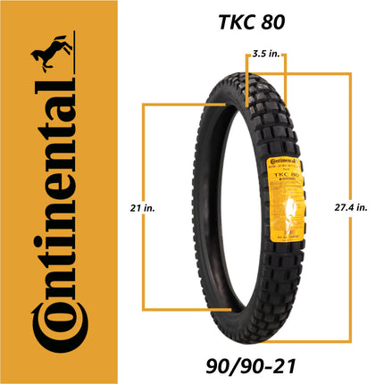 Continental TKC 80 90/90-21 M/C 54T TL Twinduro Front Motorcycle Tire, Dual Sport Adventure Tire, Tubeless Blackwall, On/Off-Road, Open block tread design, Mud and Snow Rating
