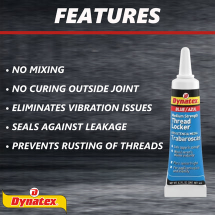 Dynatex Blue Medium Strength Threadlocker 0.20 oz Bottle - Removable with Hand Tools, Locks Fasteners on Metal, Vibration Resistant, Solvent Resistant