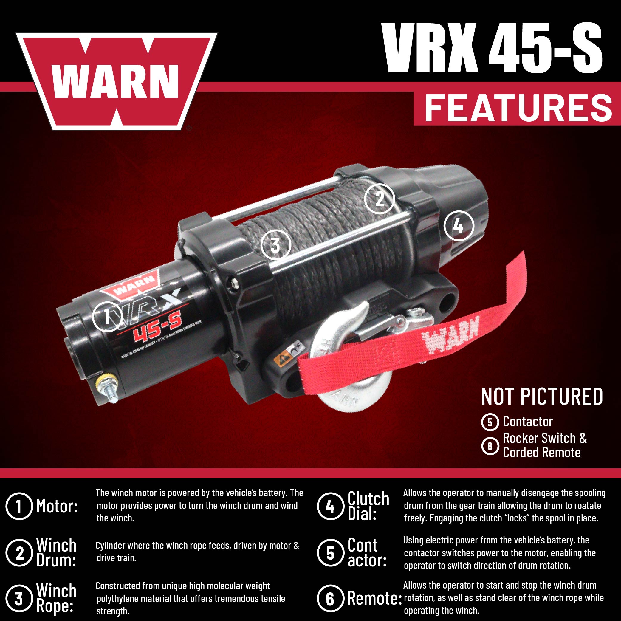 WARN VRX 45-S Powersport Winch – 4,500 lb Pulling Capacity, Synthetic Rope, Sealed Motor, All-Metal Gear Train, Waterproof Construction for ATV/UTV Recovery, Trail Riding & Utility Work
