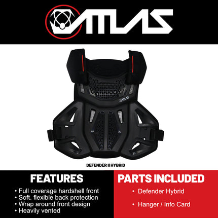 Atlas Defender Hybrid Ai Chest & Back Protector - Black L/XL - Adapted Impact Ai Technology Roost Guard - CE EN 1621-3 Level 1 Chest / EN 1621-2 Level 2 Back - MX Dirt Bike Off-Road Body Armor