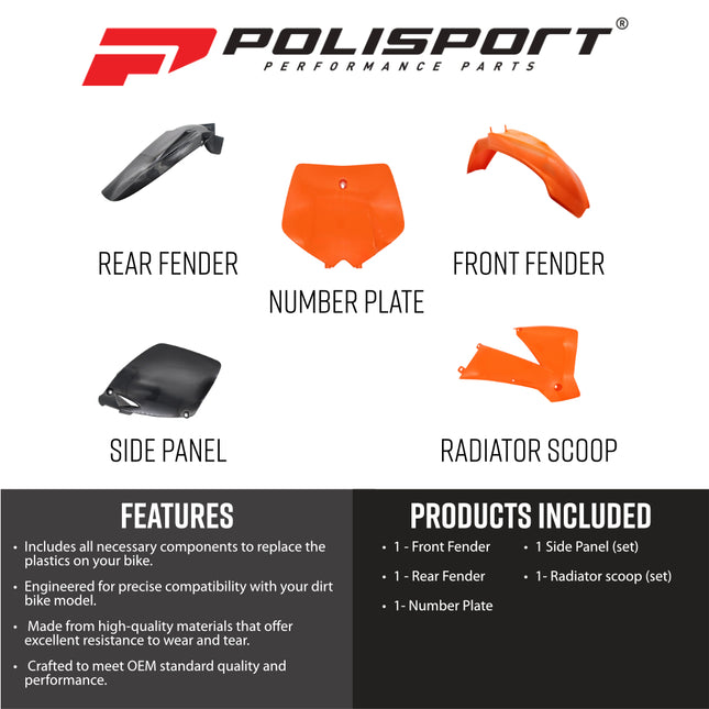 Polisport 90100 Complete Plastic Kit for KTM SX (01-02) EXC/EXC-F (03) – Orange OEM Color | Front & Rear Fenders, Side Panels, Radiator Shrouds, Number Plate | DGP Durable Gloss Polypropylene