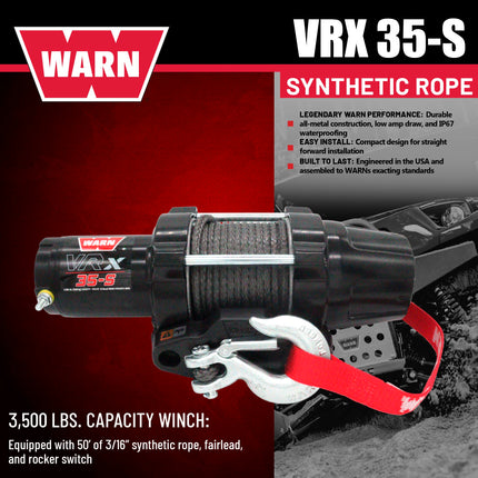 WARN VRX 35-S Powersport Winch – 3,500 lb Pulling Capacity, Synthetic Rope, Sealed Motor, All-Metal Gear Train, IP68 Waterproof Design for ATV/UTV Recovery, Trail Riding & Utility Work