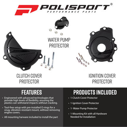 Polisport 91372 Engine Covers Protection Kit for Husqvarna FX 350 23-24 PA6 Clutch & Ignition Cover Guards with Water Pump Protection, Impact Resistant,  Easy Install