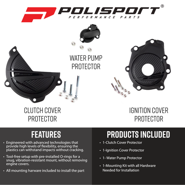 Polisport 91372 Engine Covers Protection Kit for Husqvarna FX 350 23-24 PA6 Clutch & Ignition Cover Guards with Water Pump Protection, Impact Resistant,  Easy Install