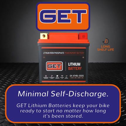 GET High Performance Lithium Motorcycle Battery, 12.8V 2Ah, 140 A CCA, Lightweight Powersports Battery for Dirt Bikes, Enduro & Motocross, IP54 Water Resistant (GK-ATHBL-0005)