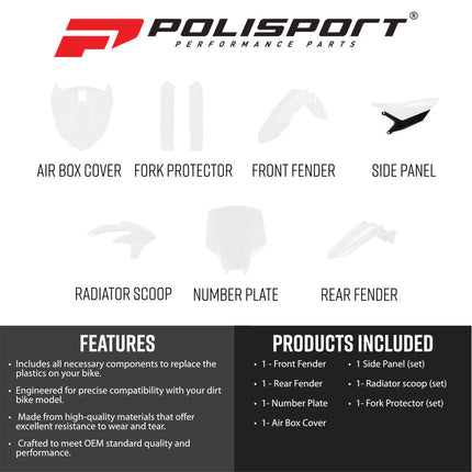 Polisport 91666 Full Plastic Kit for Yamaha YZ450F 2026+ – White/Black – Complete Replica Bodywork with Front & Rear Fenders, Radiator Scoops, Airbox Cover, Fork Guards, Number Plate & Side Panels