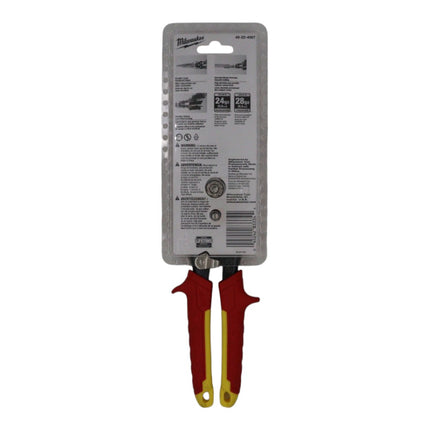 Milwaukee 48-22-4567 11.5 in. Long Straight-Cut Aviation Snips, Forged Laser-Hardened Serrated Blades, 3 in. Cut Length, Bolt Lock, Chrome-Plated, One-Hand Lock, Color-Coded Handles