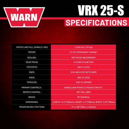 WARN VRX 25-S Powersport Winch – 2,500 lb Pulling Capacity, Synthetic Rope, Sealed Motor, All-Metal Gear Train, Waterproof Design for ATV/UTV Recovery and Trail Riding