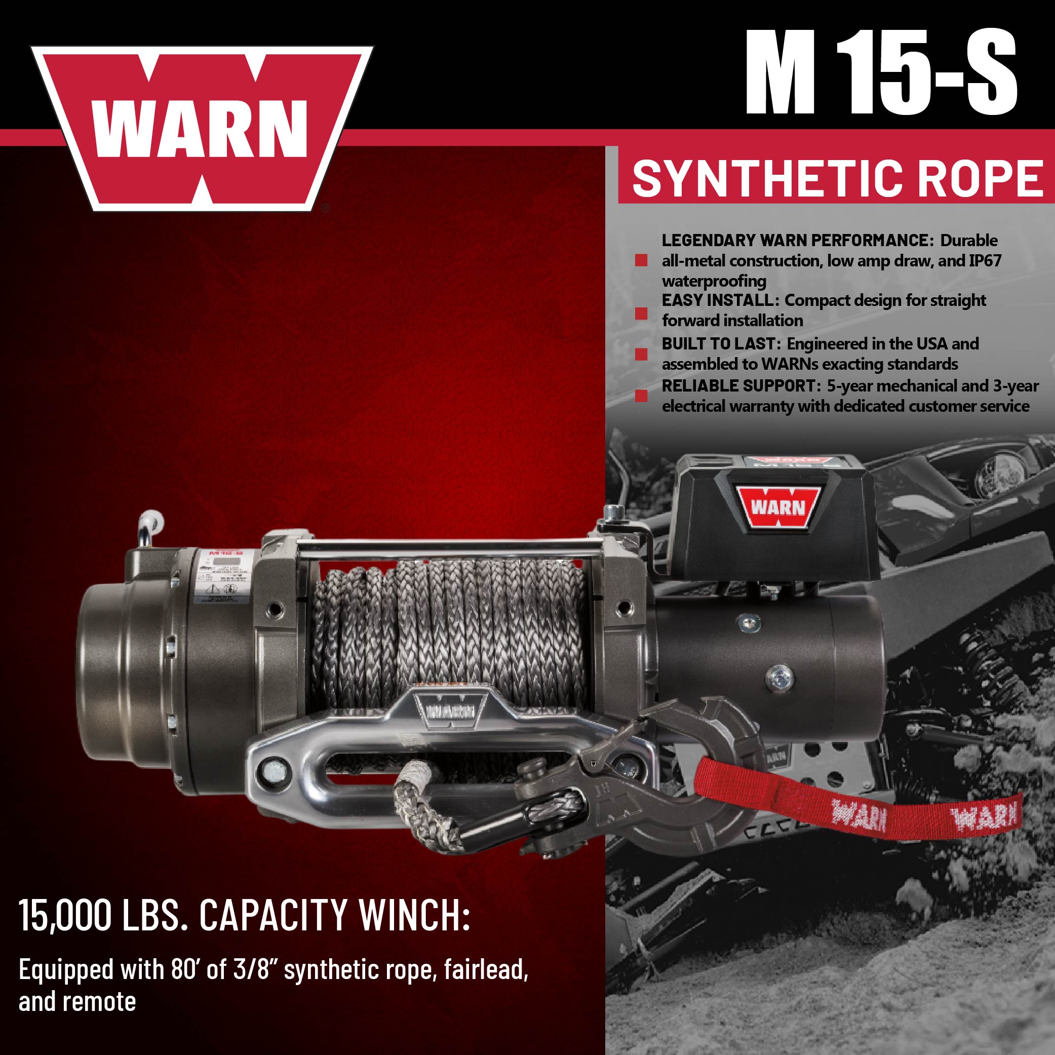 WARN 97730 M15-S Electric 12V Heavyweight Winch with Spydura Synthetic Cable Rope: 3/8" Diameter x 80' Length, 7.5 Ton (15,000 lb) Pulling Capacity