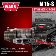 WARN 97730 M15-S Electric 12V Heavyweight Winch with Spydura Synthetic Cable Rope: 3/8" Diameter x 80' Length, 7.5 Ton (15,000 lb) Pulling Capacity