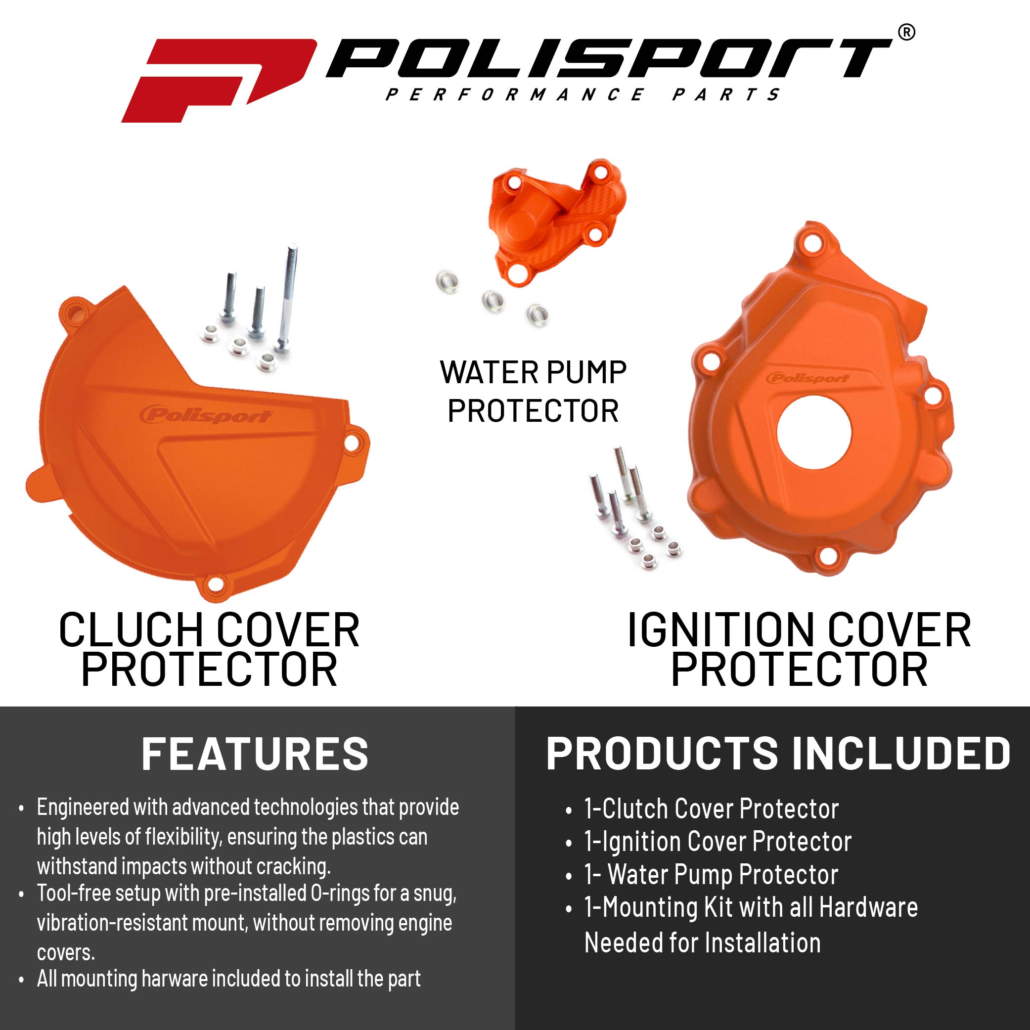 Polisport Clutch and Ignition Cover Protector Kit (Orange) - Compatible with KTM XC-F/SX 250/350 (2016-2022)