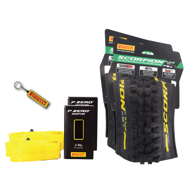 Pirelli Scorpion Race Enduro T Yellow Label 63-584 (27.5x 2.5) MTB Bicycle Tire & SmarTUBE 23/32-622 Set- Designed for Traction and Mixed Terrains, 120x2TPI - Mountain Bike Tire w/Keychain (2 Pk)