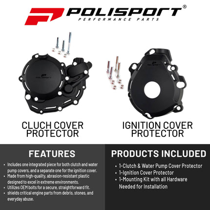 Polisport Motocross Motorcycles (MX) Engine Covers Protector Kit for KTM EXC-F 450/500 & XCF-W 450 (2024) Dirt Bikes - Clutch, Ignition & Water Pump Cover Protectors - Black