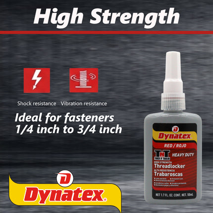 Dynatex Red High Strength Threadlocker 1.70 oz Bottle - Permanent Lock, Anaerobic, Large Fasteners, Vibration & Solvent Resistant (6-Pack)