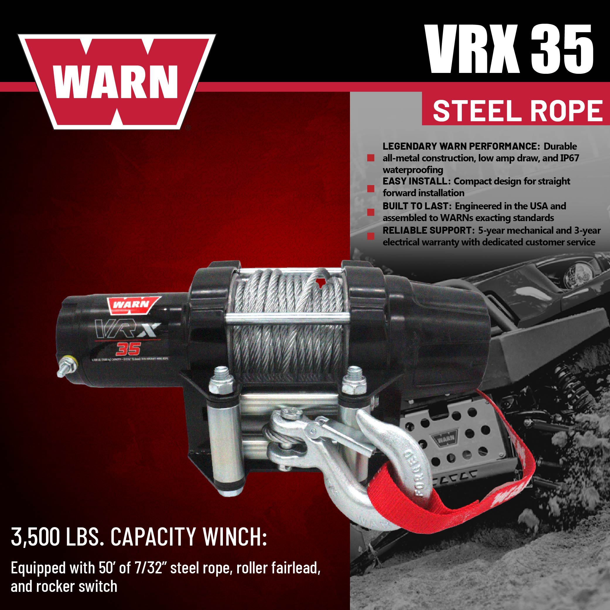 WARN VRX 35 Powersport Winch – 3,500 lb Pulling Capacity, Steel Rope, Sealed Motor, All-Metal Gear Train, Waterproof IP68 Design for ATV/UTV Recovery, Trail Riding & Utility Work