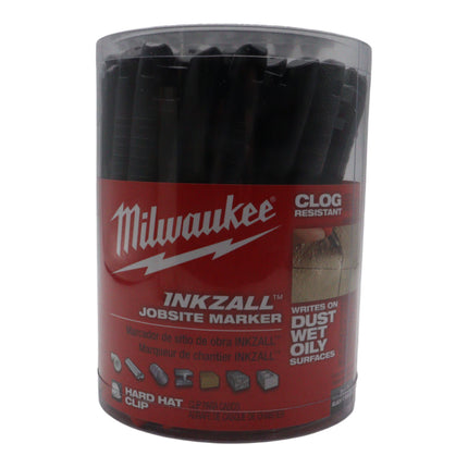 Milwaukee Inkzall Black Fine Point Jobsite Marker – Clog-Resistant Tip, Writes Through Dusty, Wet & Oily Surfaces, Built-In Hard Hat Clip & Lanyard Hole, Anti-Roll Body Design