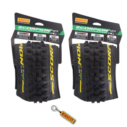 Pirelli Scorpion Race Enduro T Yellow Label 63-584 (27.5x 2.5) MTB Bicycle Tire  - Designed for Traction and Mixed Terrains, 120x2TPI - Mountain Bike Tire w/Keychain (2 Pk)