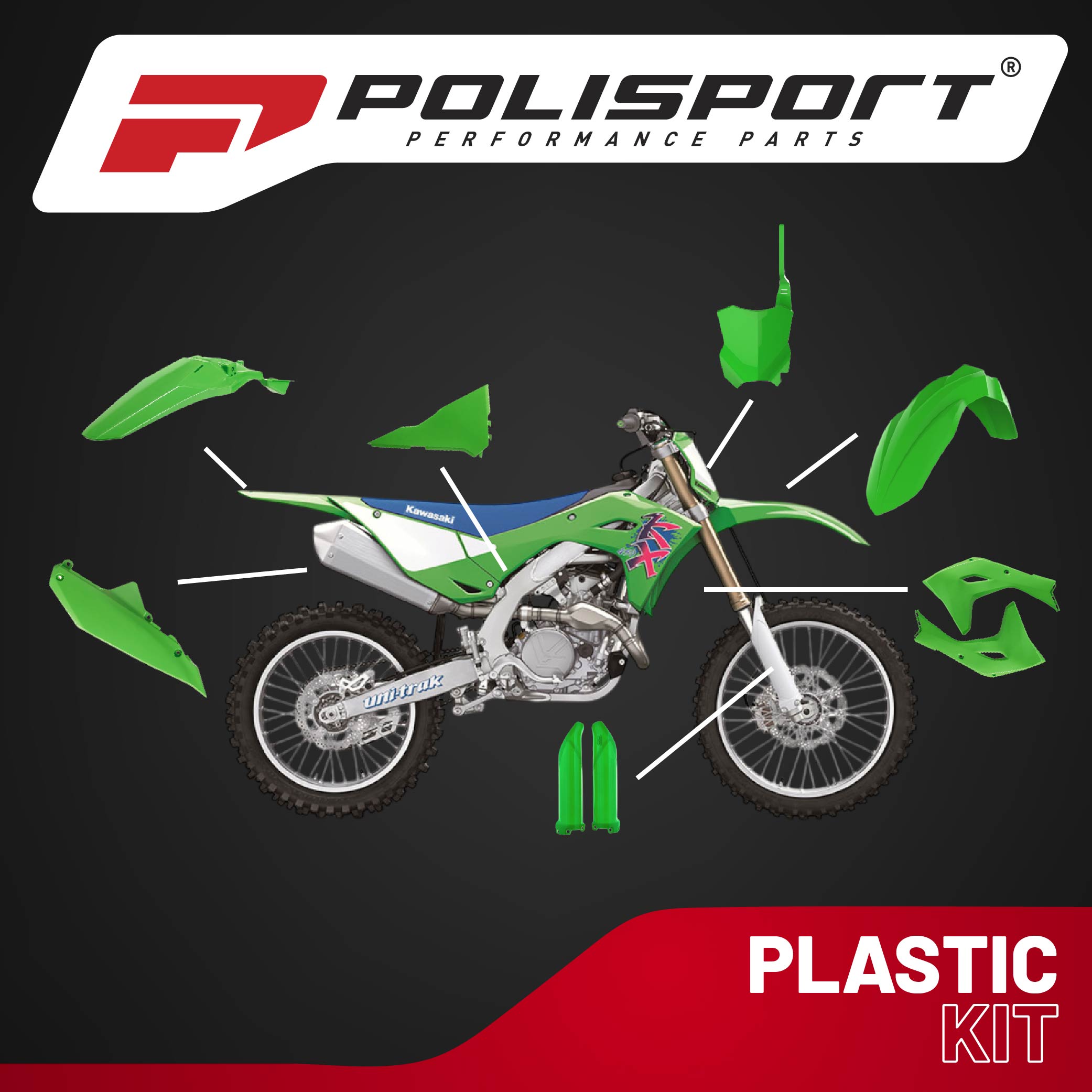 Polisport Motocross (MX) Replica Plastic Kit for Kawasaki KX 450 (2024-2025) Dirt Bike – OEM Quality, Durable, Flexible & Perfect Fit – Green