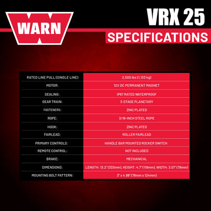 WARN VRX 25 Powersport Winch – 2,500 lb Line Pull Rating, Steel Rope, 12V ATV/UTV Winch with Durable All-Metal Gear Train, Mechanical Brake & Weather-Resistant Design for Powersports Recovery