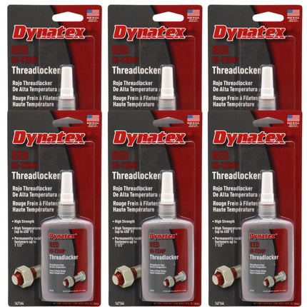 Dynatex Red Hi-Temp Threadlocker 1.22 oz Bottle - Up to 450 Degrees F, Medium-High Strength, Anaerobic, Extreme Heat & Chemical Resistant (6-Pack)