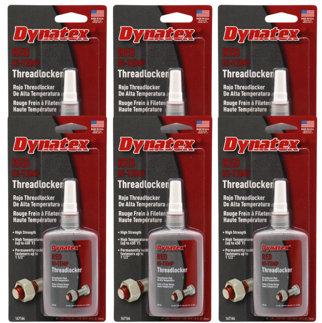 Dynatex Red Hi-Temp Threadlocker 1.22 oz Bottle - Up to 450 Degrees F, Medium-High Strength, Anaerobic, Extreme Heat & Chemical Resistant (6-Pack)
