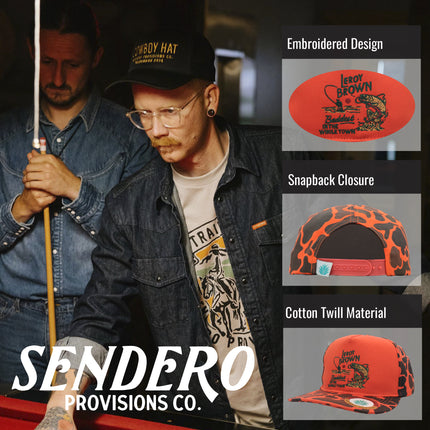 Sendero Provisions Co. Leroy Brown Adjustable Snapback Hat - Orange Camo Printed Pattern, Embroidered Graphic Design, Structured 5-Panel Cotton Twill Cap for Outdoor Adventures-One Size