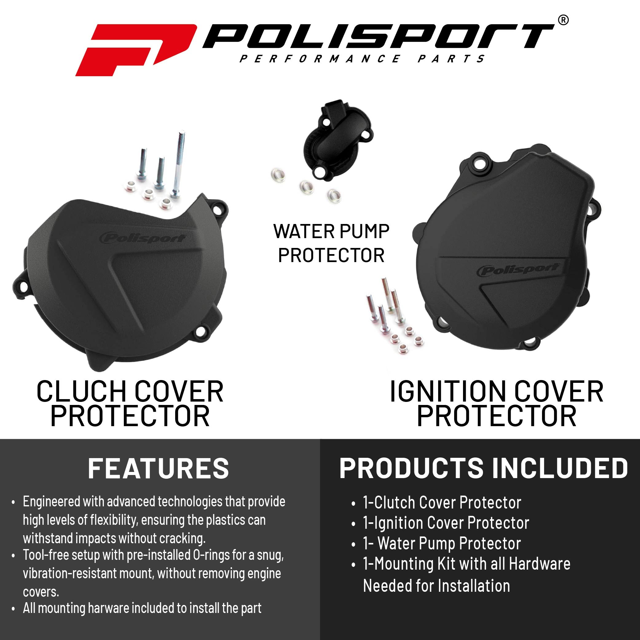 Polisport Clutch and Ignition Cover Protector Kit (Black)- Compatible with KTM EXC-F/XCF-W 450/500 & Husqvarna FE 450/501 (2017-2022)