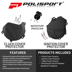 Polisport Clutch and Ignition Cover Protector Kit (Black)- Compatible with KTM EXC-F/XCF-W 450/500 & Husqvarna FE 450/501 (2017-2022)