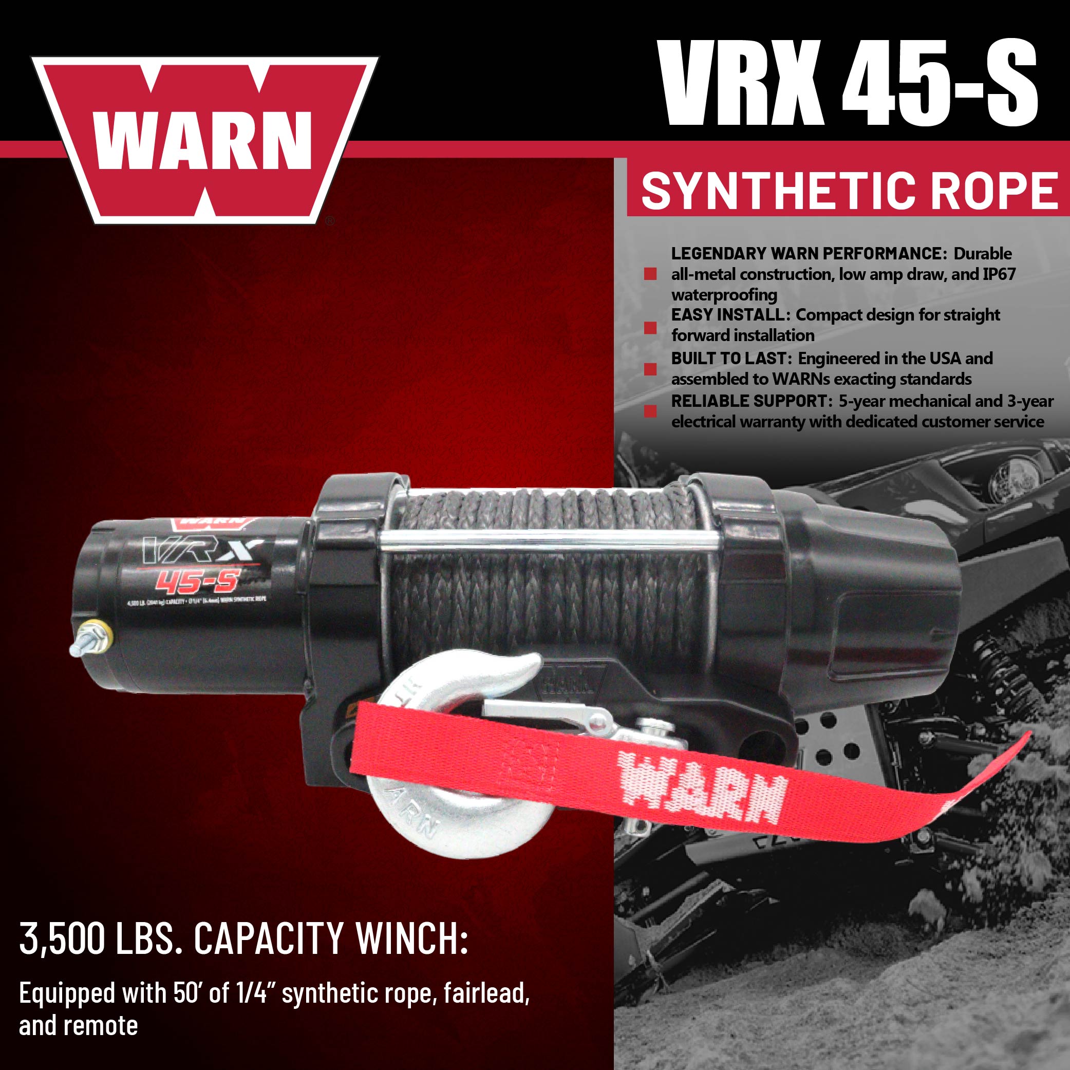 WARN VRX 45-S Powersport Winch – 4,500 lb Pulling Capacity, Synthetic Rope, Sealed Motor, All-Metal Gear Train, Waterproof Construction for ATV/UTV Recovery, Trail Riding & Utility Work