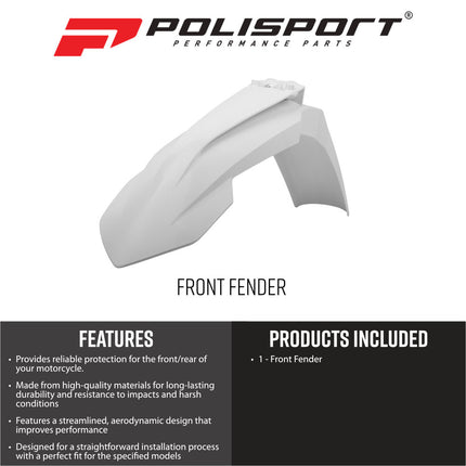 Polisport (MX) Front Fender for KTM SX/SX-F/XC (16-22), XC 250/300 & SX 250 (17-22), EXC/EXC-F/XC/XC-W/XCF-W, XC-W (17-23),XC 125 (21-22) Dirt Bike-OEM Quality, Durable, Flexible, Perfect Fit - White