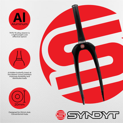Syndyt SPP Supersized Ultra-High Modulus Carbon Fiber Pro Forks - Black Alloy (20 inch) - Fork Offset: 32 mm, 1‑1/8″ steerer tapering to 1.5″-  Alloy Steerer Extruded and CNC‑Machined