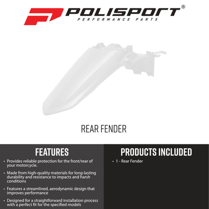 Polisport 8687500002 Motocross (MX) Rear Fender for Yamaha YZ450F (2026+) Dirt Bikes - High-Impact Resistant Technical Plastic with UV Protection, OEM-Style Precise Fit - White