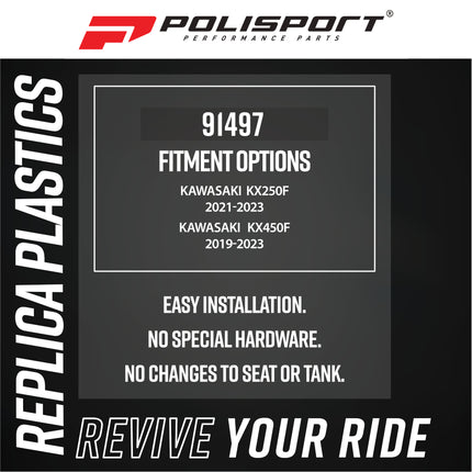 Polisport MX Full Plastic Kit – Fits Kawasaki KX250F 21–23 & KX450F 19–23. Complete Replica Bodywork with Front & Rear Fenders, Radiator Scoops, Side Panels, Number Plate & Fork Guards. OEM Green