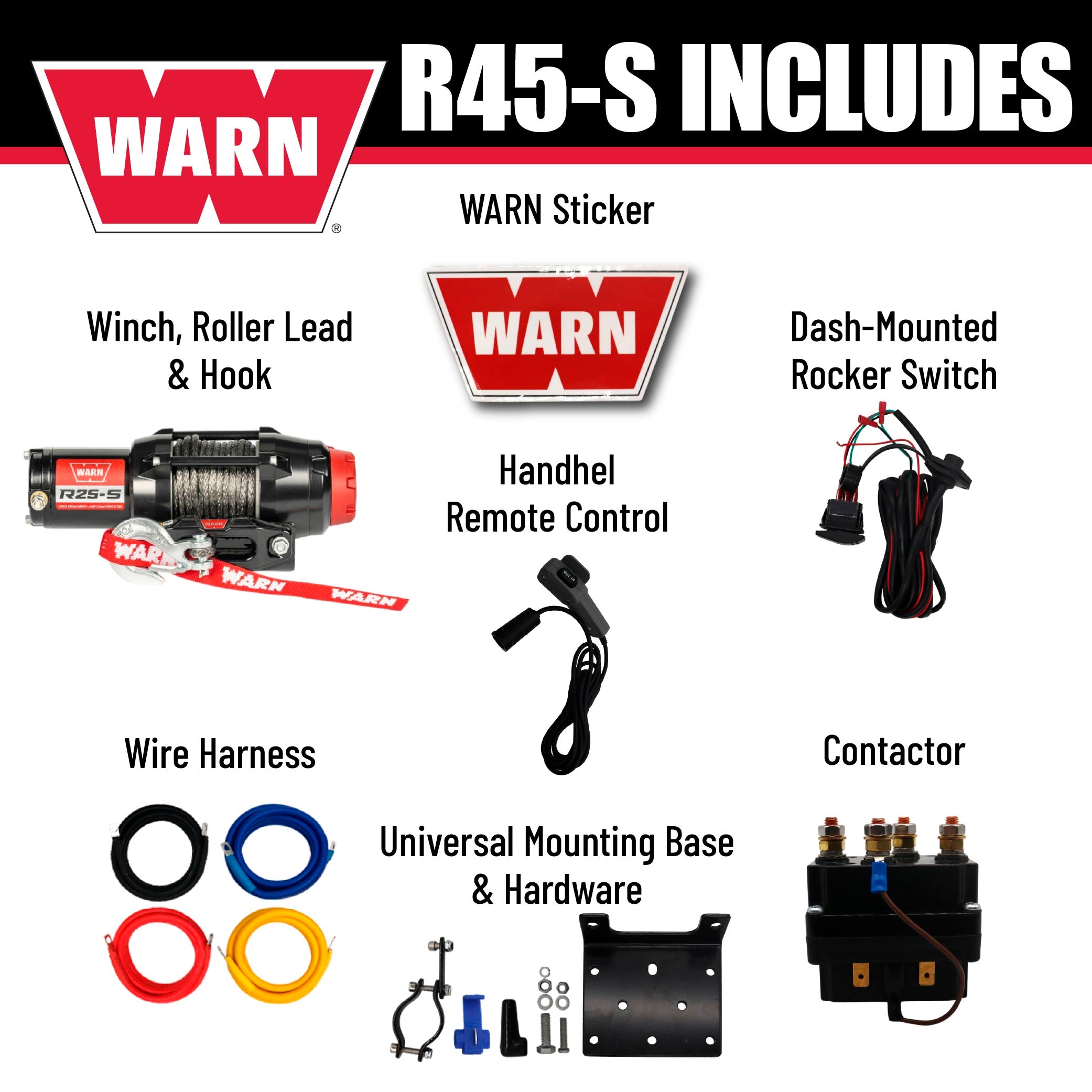 Warn R45-S Rope Winch - 4,500 lb. Pulling Capacity, equipped with 50’ of 1/4” synthetic rope & dash-mounted rocker switch - Remote and Fairlead for ATV, UTV, Side by Side, and SXS Recovery & Towing