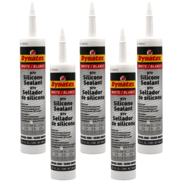 Dynatex Industrial Grade White Silicone Sealant 10.1 oz Caulk Tube - Tough Flexible Cure, Watertight Seal, Up to 500°F, Made in the USA (5-Pack)
