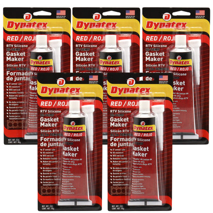 Dynatex Red Hi-Temp RTV Silicone Gasket Maker 3 oz Tube - Oxygen Sensor Safe, OEM Specs, 650°F Hi-Temp, Oil/Water Resistant, Made in the USA (5-Pack)