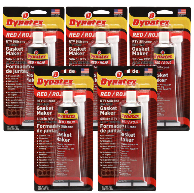 Dynatex Red Hi-Temp RTV Silicone Gasket Maker 3 oz Tube - Oxygen Sensor Safe, OEM Specs, 650°F Hi-Temp, Oil/Water Resistant, Made in the USA (5-Pack)