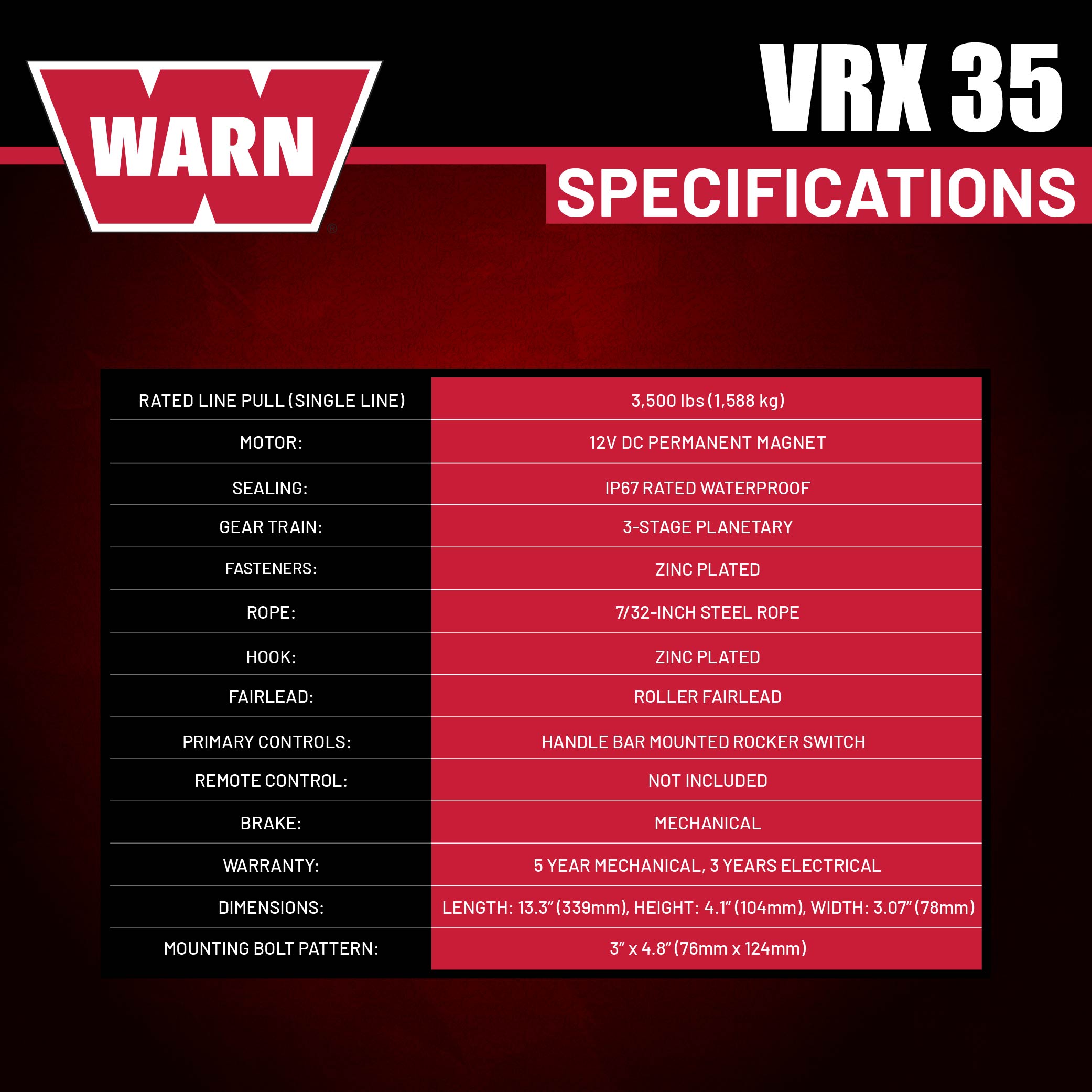 WARN VRX 35 Powersport Winch – 3,500 lb Pulling Capacity, Steel Rope, Sealed Motor, All-Metal Gear Train, Waterproof IP68 Design for ATV/UTV Recovery, Trail Riding & Utility Work