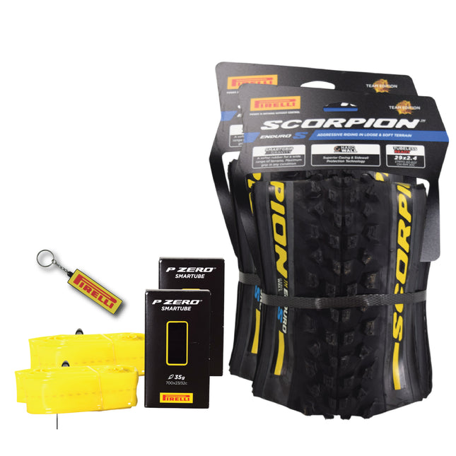 Pirelli Scorpion Enduro S Yellow Label 65-622 (29x 2.6) MTB Bicycle Tire & SmarTUBE 23/32-622 Set- Designed for Demanding XC Courses, 60TPI and Hard Wall Casing- Mountain Bike Tire w/Keychain (2 Pk)