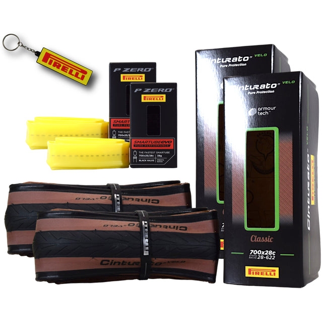 Pirelli Cinturato Velo TLR Classic 28-622 (700 x 28c) Road Bicycle Tire & 25/28-622 Presta P ZERO SmarTUBE - Armour Tech, Tubeless Ready Bike Tire with Keychain 700x28c(2-Pack Tire & Tubes)
