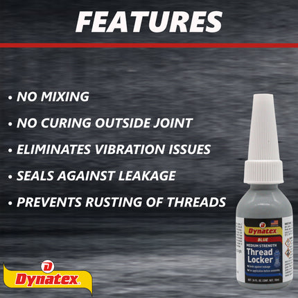 Dynatex Blue Medium Strength Threadlocker 0.34 oz Bottle - Removable with Hand Tools, Locks Fasteners on Metal, Vibration Resistant, Solvent Resistant (2-Pack)