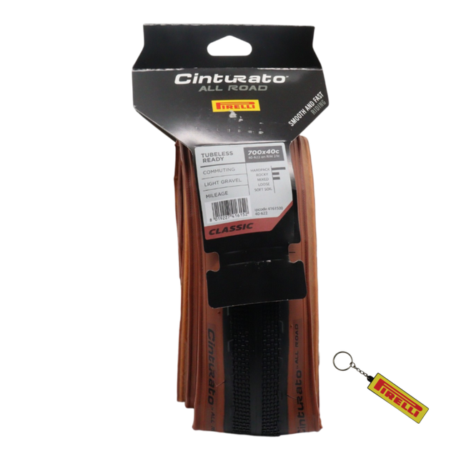 Pirelli Cinturato All Road Classic 40-622 (700x40c) Tan Wall Gravel Tire - Classic Skinwall Bicycle Tire with Keychain