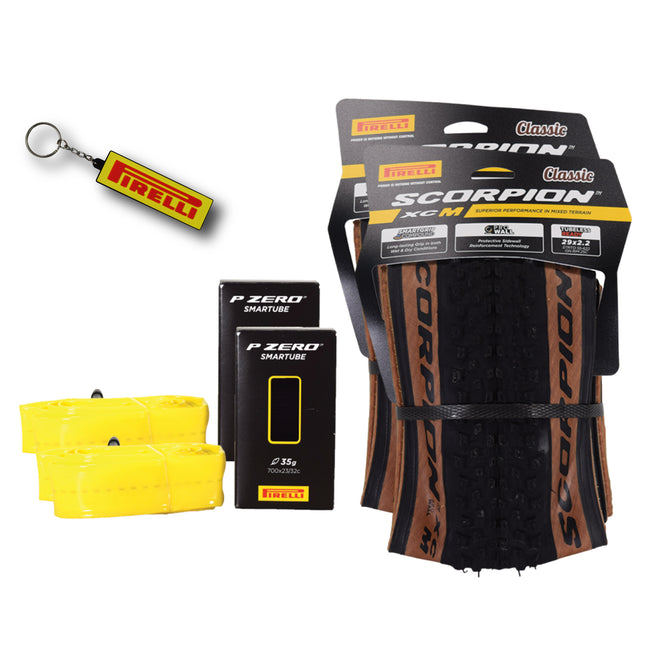 Pirelli Scorpion XC m Classic Tan 55-622 (29x 2.2) MTB Bicycle Tire & SmarTUBE 23/32-622 Set- Designed for Hardpacked Courses, 60TPI and ProWall Casing- Mountain Bike Tire w/Keychain (2 Pk)