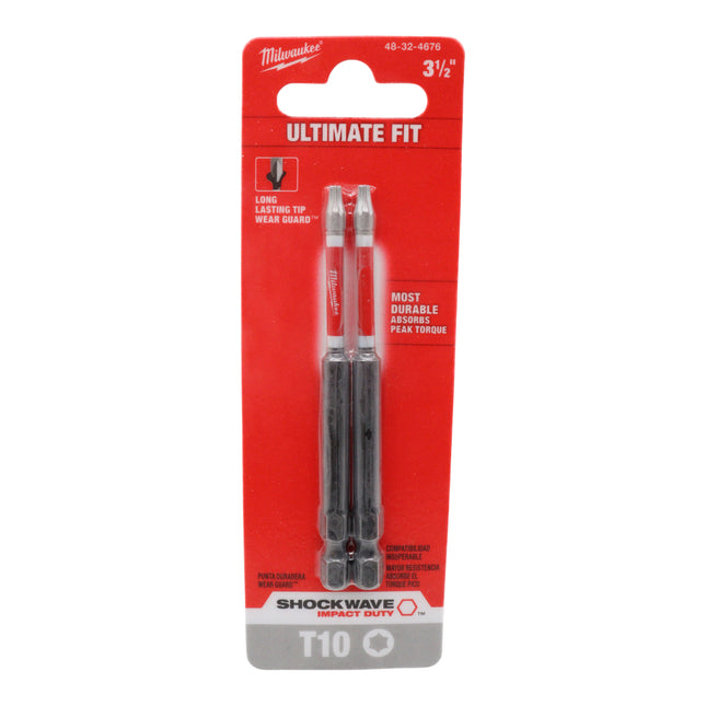 Milwaukee Shockwave Impact Duty 3-1/2" T10 Torx Impact Driver Bits – 2-Pack| Custom Alloy76™ Steel, Shockzone™ Torque Absorption, Wear Guard™ Tip, Impact-Rated Bit Set