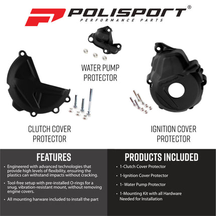 Polisport 91322 Clutch and Ignition Cover Protector Guard Kit for GasGas EC 250 / EC 300 2021-2023 - Durable Dirt Bike Engine Crankcase Protection Shields - Black (Pair)
