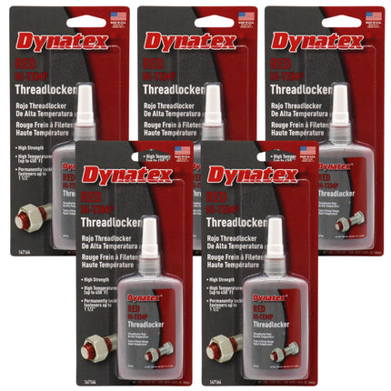 Dynatex Red Hi-Temp Threadlocker 1.22 oz Bottle - Up to 450 Degrees F, Medium-High Strength, Anaerobic, Extreme Heat & Chemical Resistant (5-Pack)